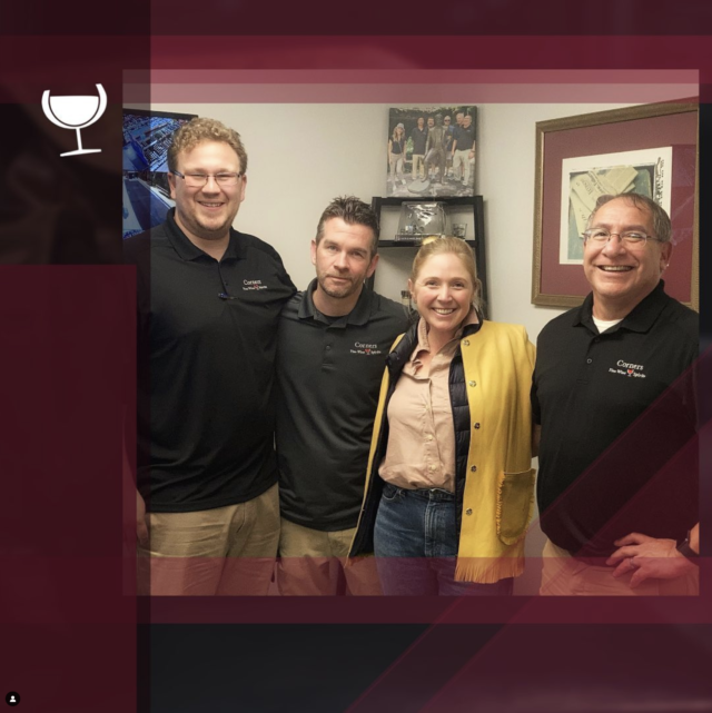 Natalie Bath, Winemaker with Rudd Winery (middle, yellow jacket) poses with Corners Management (from left to right) Sean Whalen, Andy, & Rob Ramos.